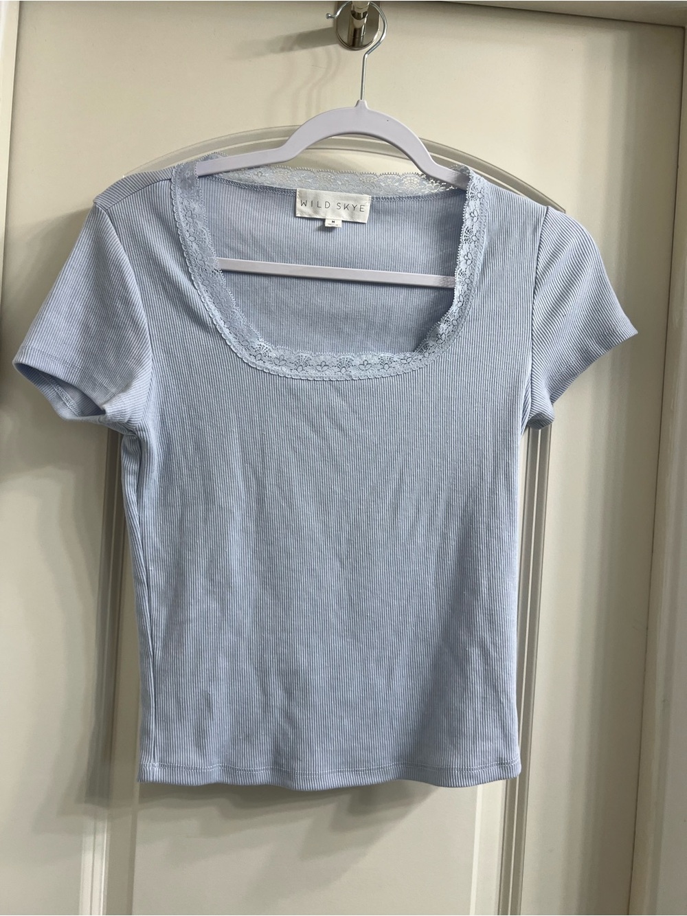 Light Blue Ribbed Lace-Trim Scoop Neck Tee